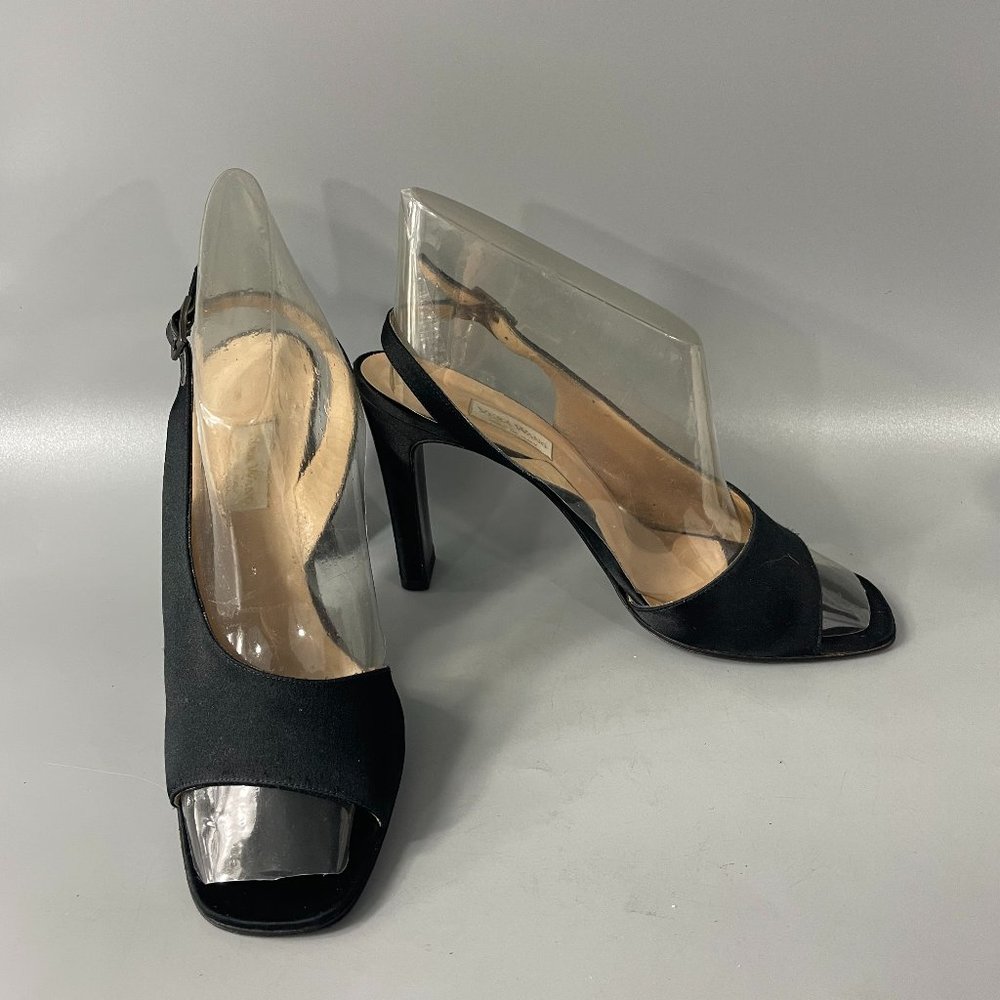 Vera Wang Made In Italy Black Fabric Peep-Toe Slingback Heels, Size 7.5 M